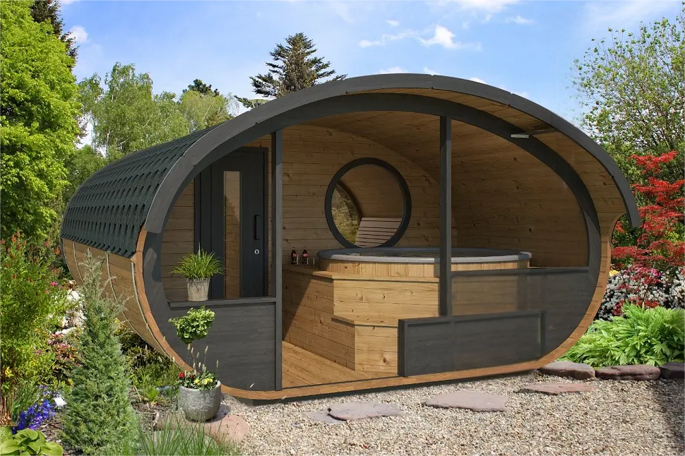 Outdoor Barrel Sauna with Cold Plunge Tub Interior detail