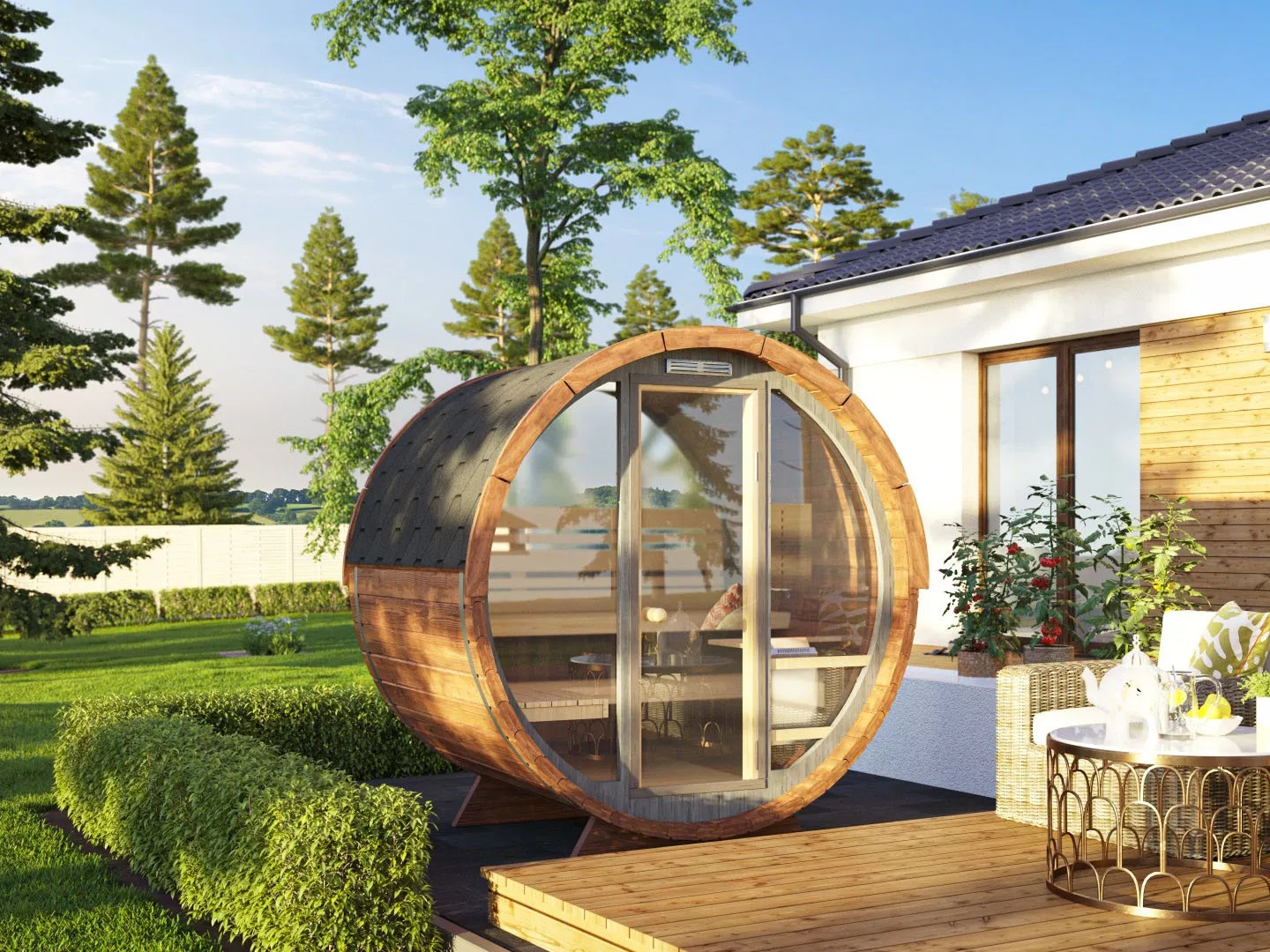 2 Person Cedar Barrel Sauna for Compact Outdoor Sites House CSA-115 Exterior angle
