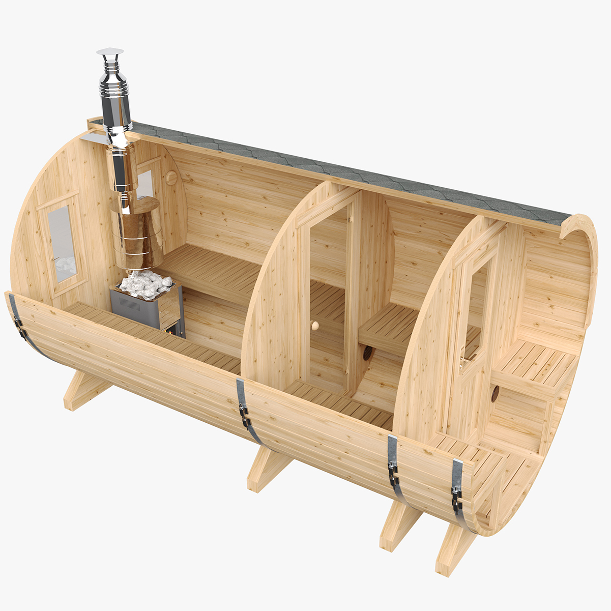 2 Person Wet Steam Barrel Sauna with Round Outdoor Shell Exterior angle