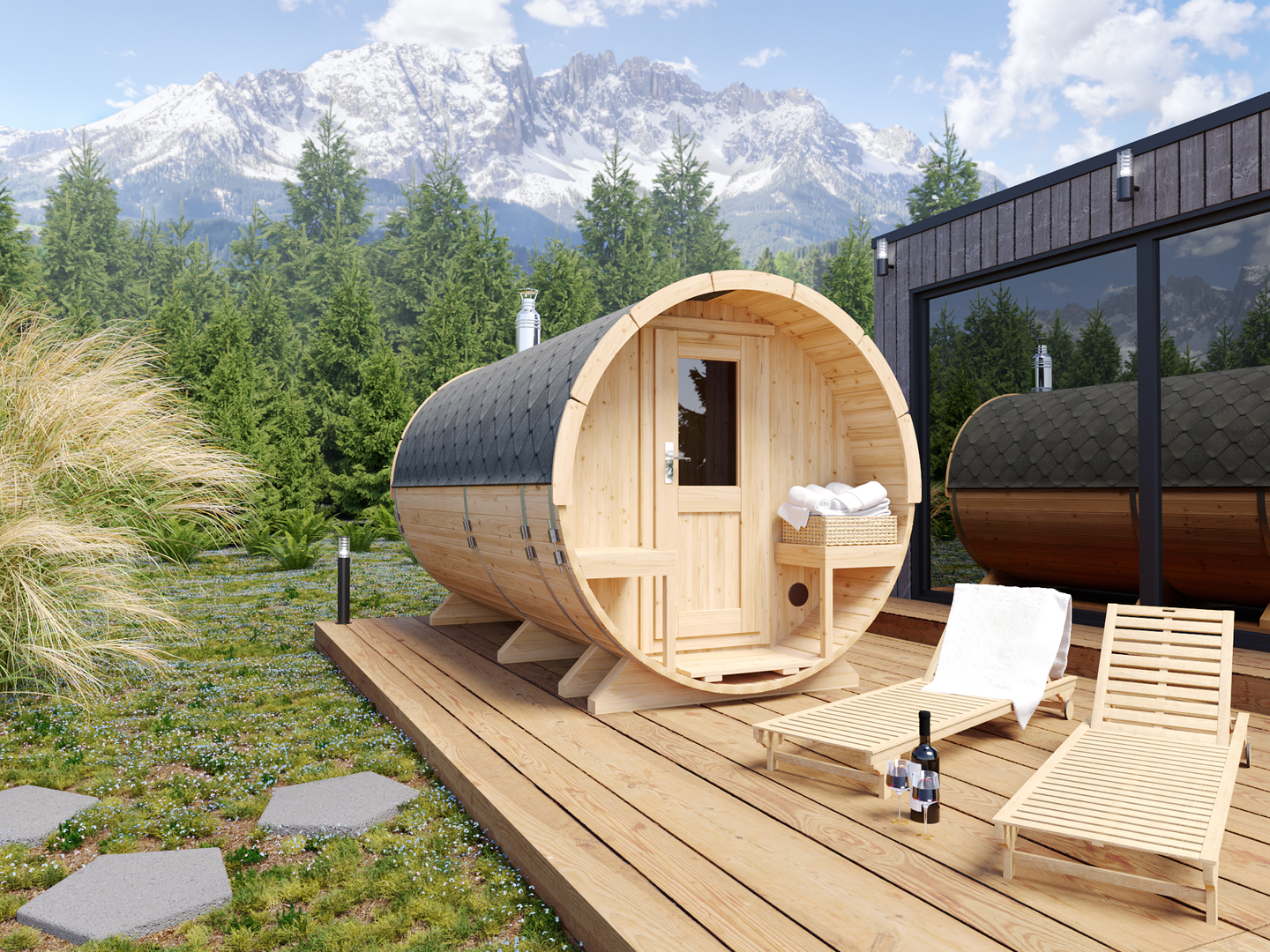 2 Person Wet Steam Barrel Sauna with Round Outdoor Shell Door and glass