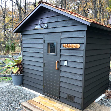 Outdoor Backyard Cabin Sauna, Dark Stained Solid Wood Sauna House with Asphalt Shingle Roof Interior detail