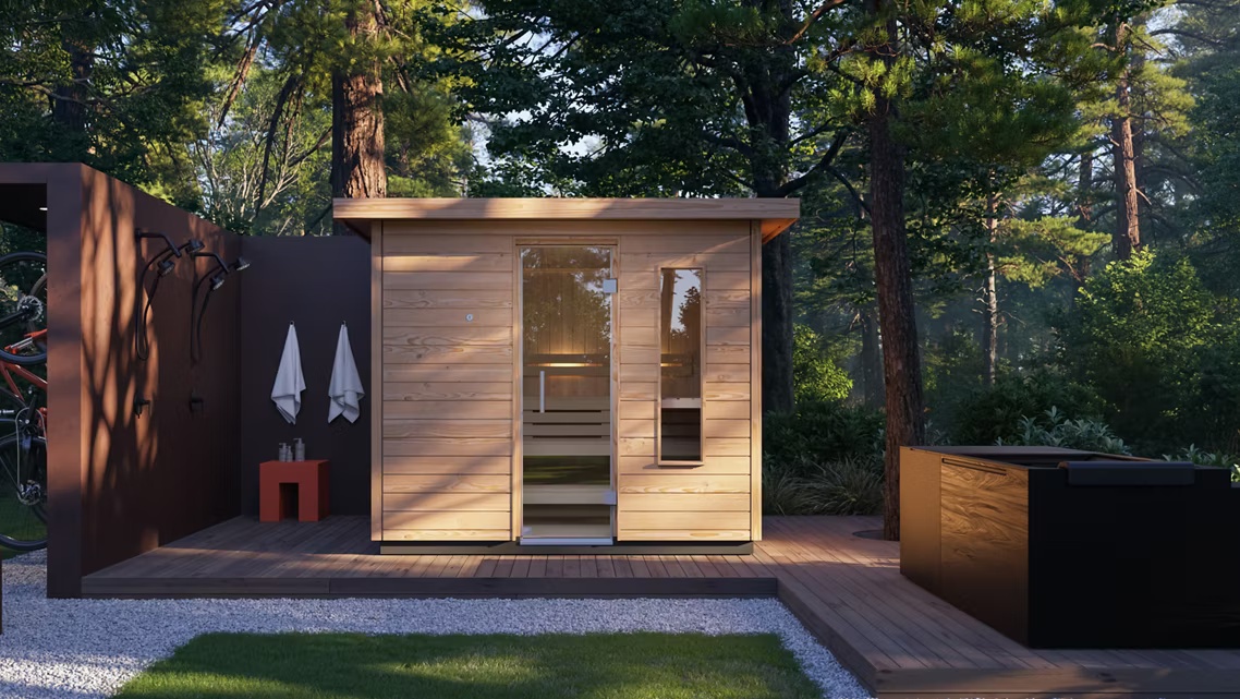 Dark Stained Backyard Sauna House with Asphalt Shingle Roof product image