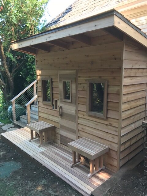 Outdoor Backyard Cabin Sauna, Dark Stained Solid Wood Sauna House with Asphalt Shingle Roof Door and glass