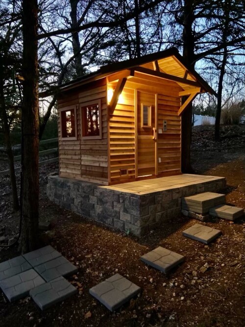 Outdoor Backyard Cabin Sauna, Dark Stained Solid Wood Sauna House with Asphalt Shingle Roof Side profile