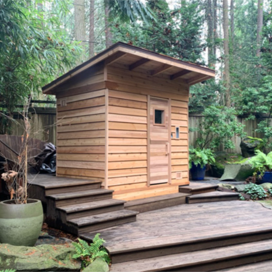 Outdoor Backyard Cabin Sauna, Dark Stained Solid Wood Sauna House with Asphalt Shingle Roof Buyer reference