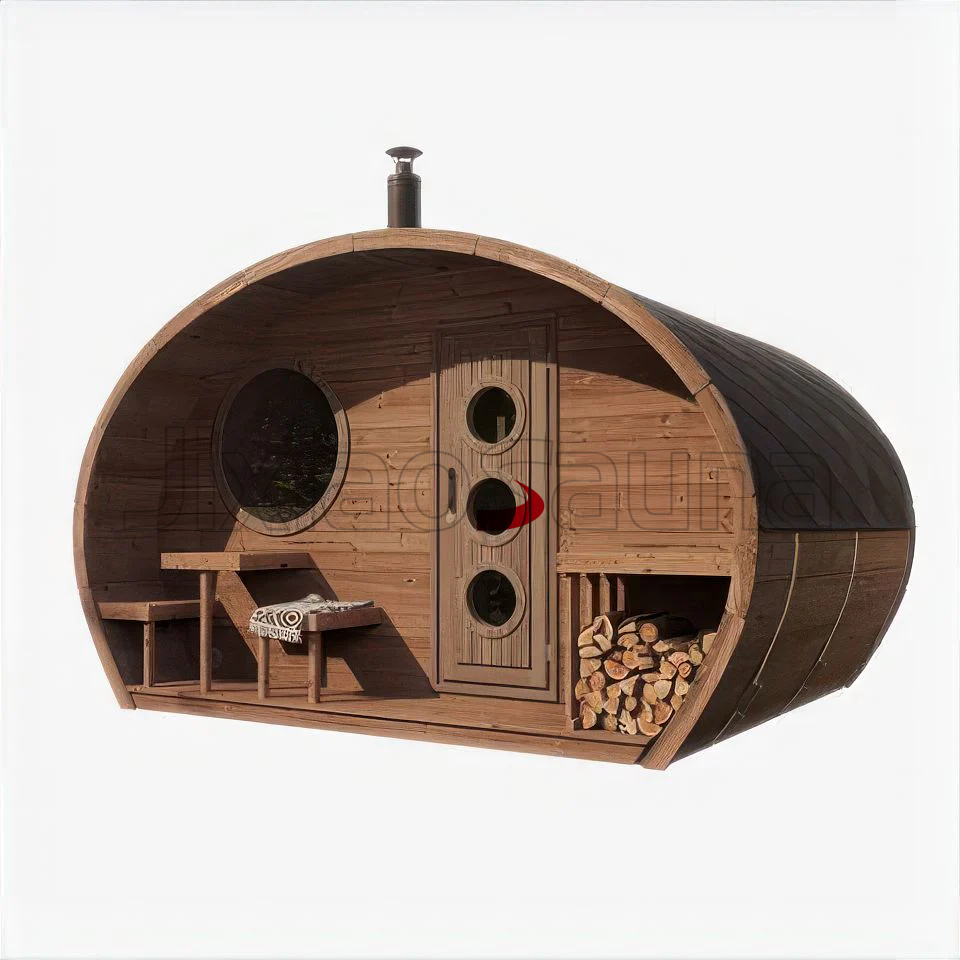 Outdoor Barrel Sauna Suite %7C Traditional Wood-Burning Stove %7C Rustic Wellness Retreat Interior detail