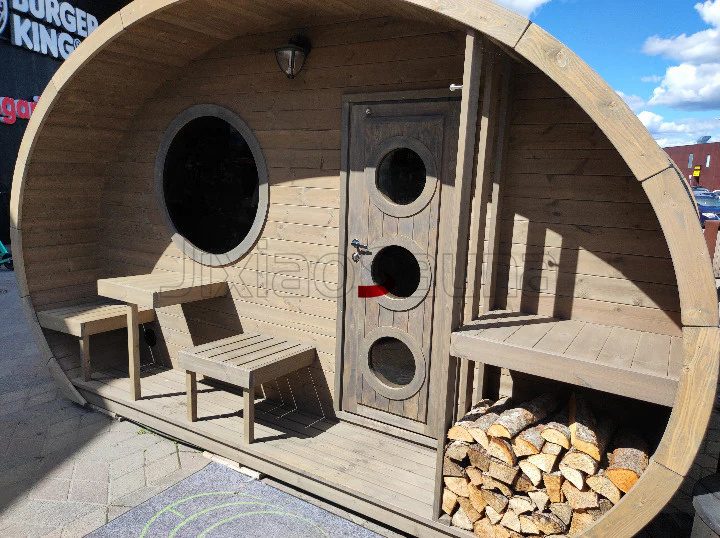 Outdoor Barrel Sauna Suite %7C Traditional Wood-Burning Stove %7C Rustic Wellness Retreat Door and glass