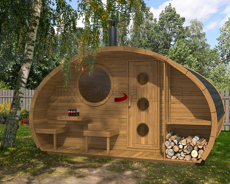 Outdoor Barrel Sauna Suite %7C Traditional Wood-Burning Stove %7C Rustic Wellness Retreat Side profile