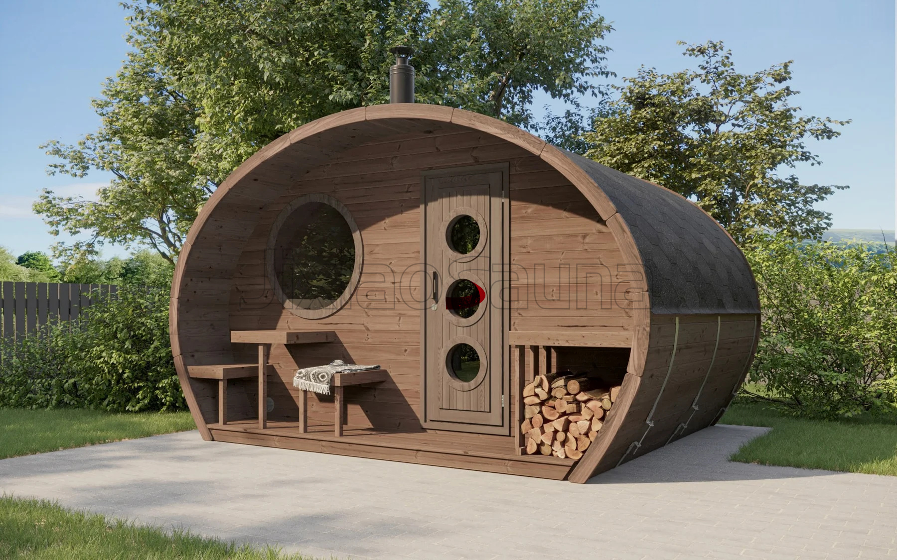 Outdoor Barrel Sauna Suite %7C Traditional Wood-Burning Stove %7C Rustic Wellness Retreat Buyer reference