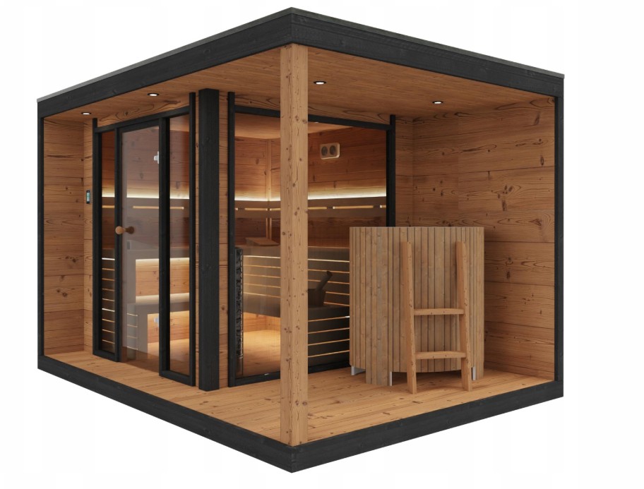 Outdoor Cube Sauna Room 4-6 Person Traditional Steam Sauna with Thermo Wood &amp; Glass Door Exterior angle