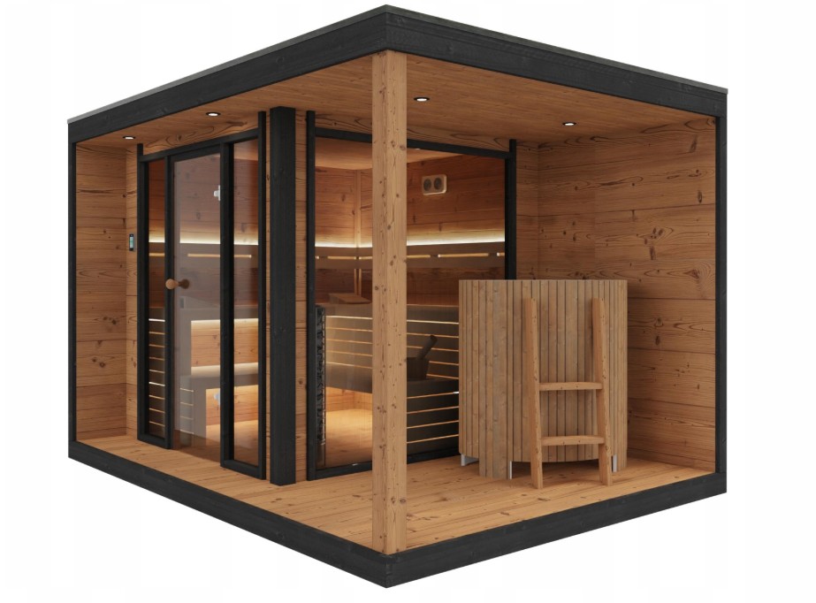 Outdoor Cube Sauna Room 4-6 Person Traditional Steam Sauna with Thermo Wood &amp; Glass Door Interior detail