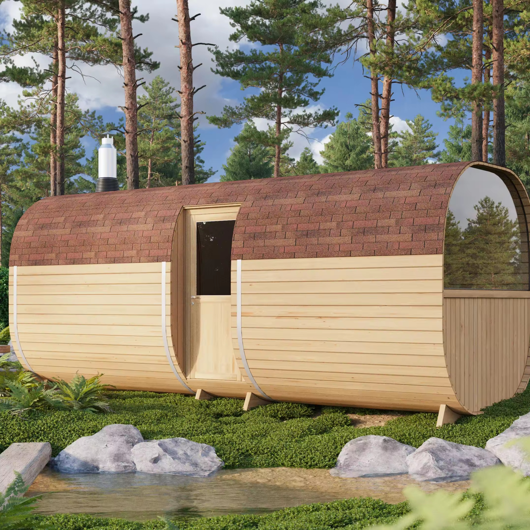 Outdoor Japanese Cypress Barrel Outdoor Sauna Health Benefits Double Wooden Wet Sauna Room Outdoor Sauna and Rest Are Exterior angle