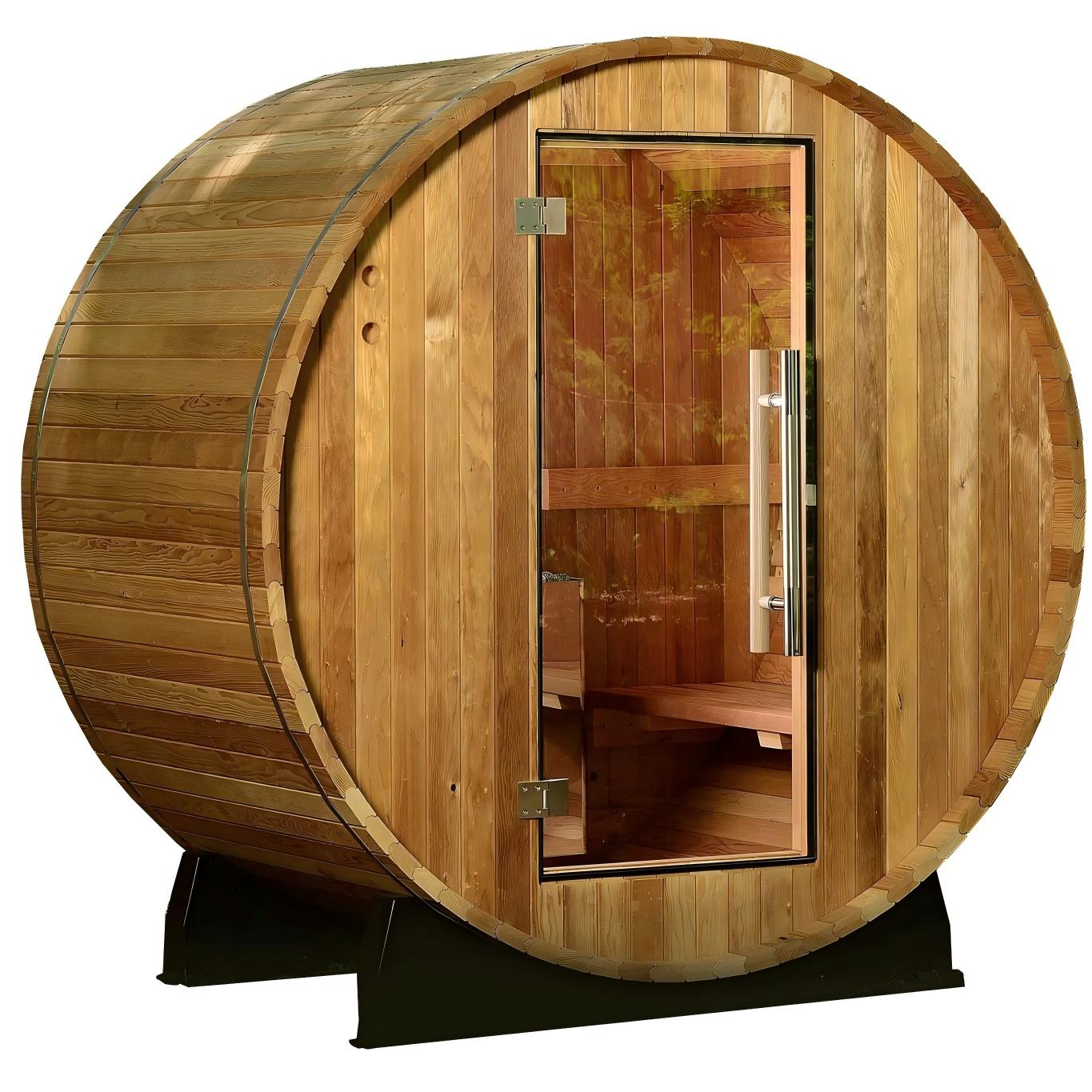 Outdoor Round Barrel Wood-Fired Sauna with Glass Door Exterior angle