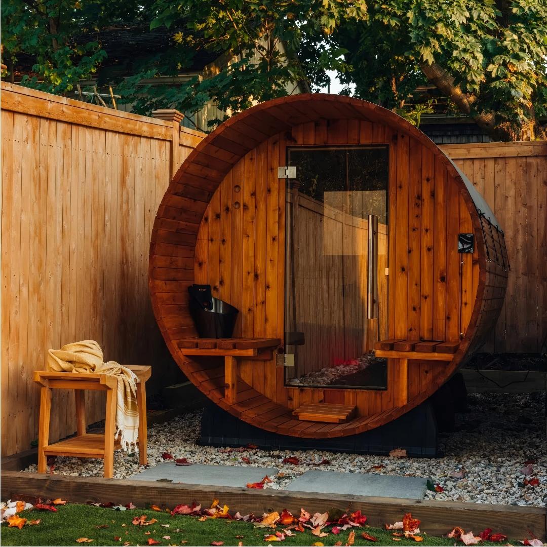 Outdoor Wood-Fired Barrel Sauna Cabin with Full Glass Door Interior detail