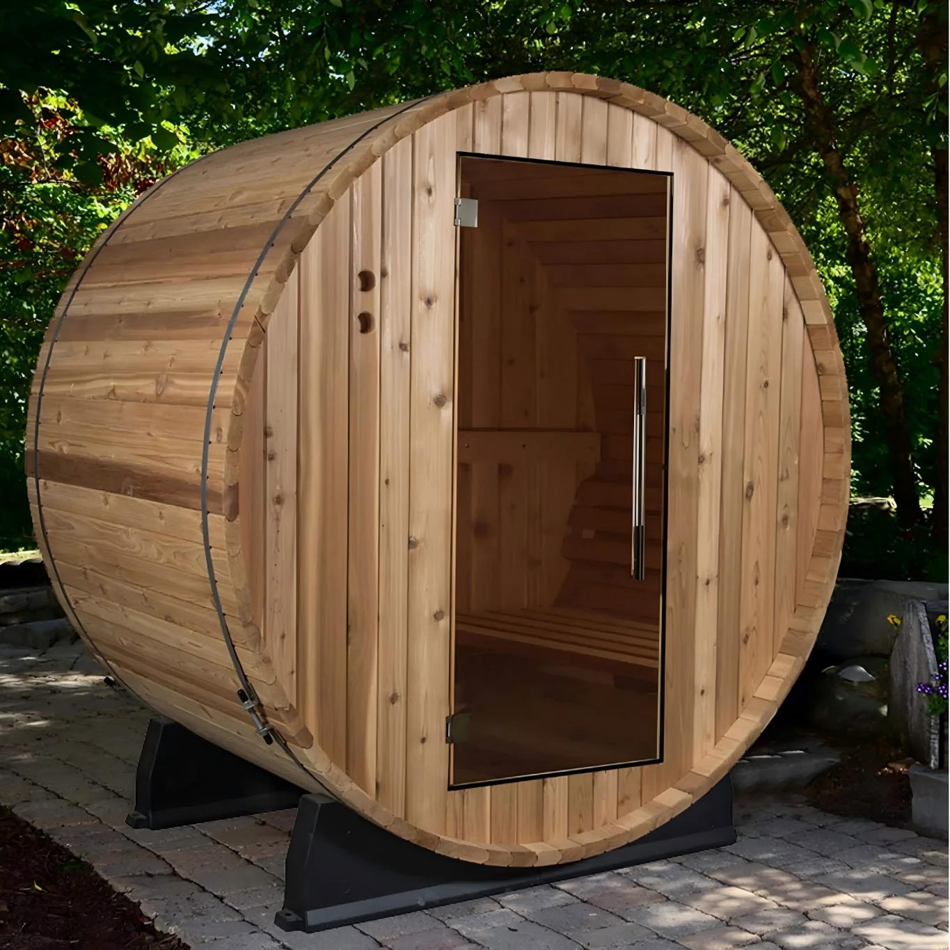 Outdoor Round Barrel Wood-Fired Sauna with Glass Door Interior detail