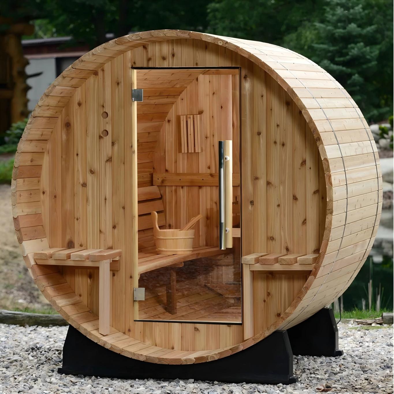Outdoor Wood-Fired Barrel Sauna Cabin with Full Glass Door Door and glass