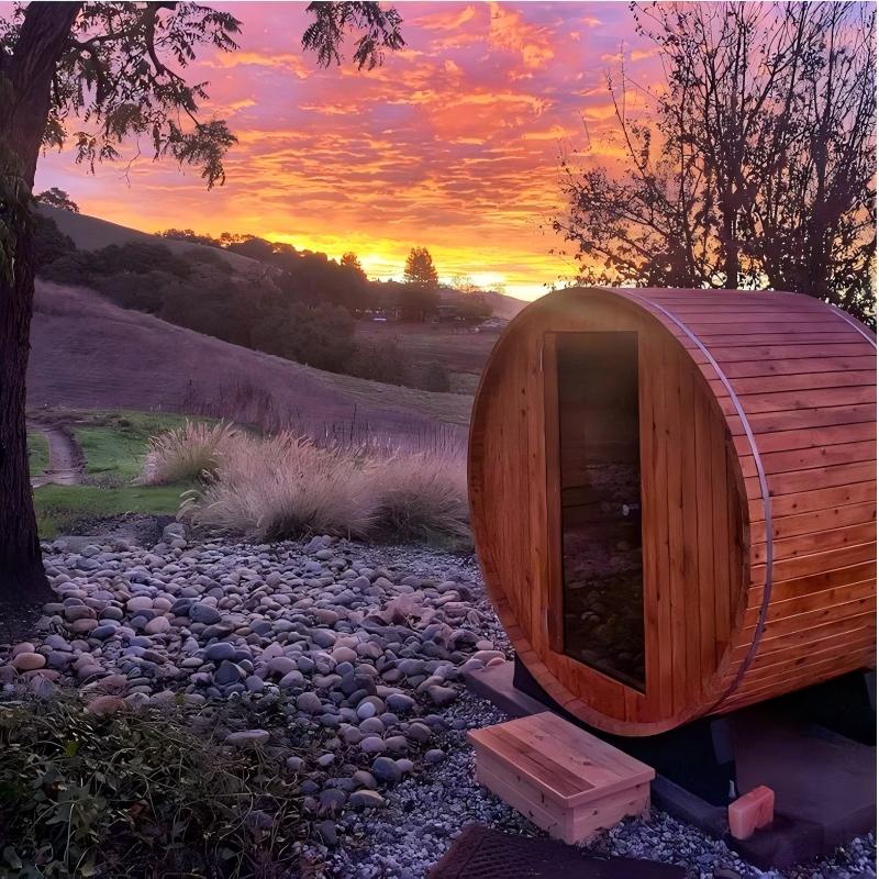 Outdoor Round Barrel Wood-Fired Sauna with Glass Door Door and glass