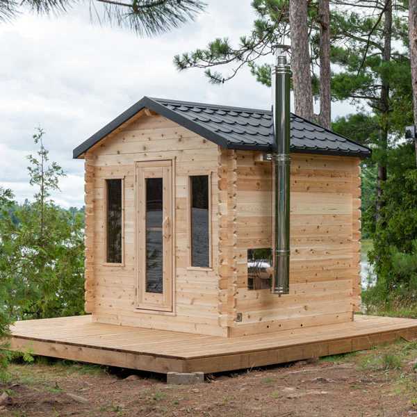 Outdoor Sauna Hut - 5-6 Person Solid Pine Wood %7C Backyard Rustic Spa Sauna Cabin with Wooden Stove Design Exterior angle