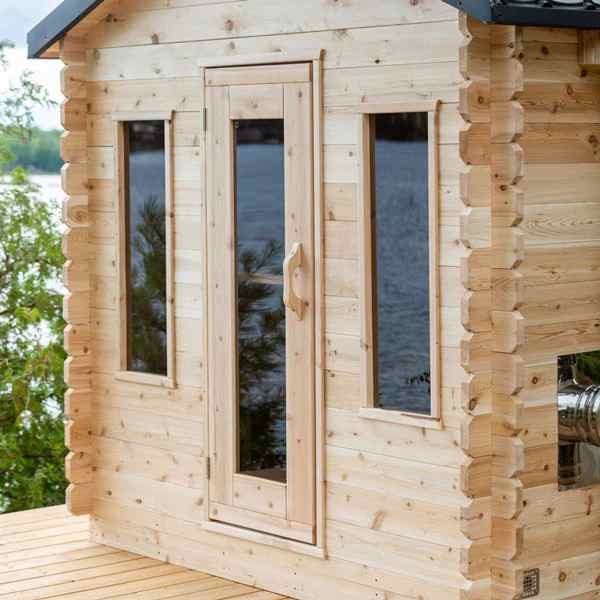 Outdoor Sauna Hut - 5-6 Person Solid Pine Wood %7C Backyard Rustic Spa Sauna Cabin with Wooden Stove Design Door and glass