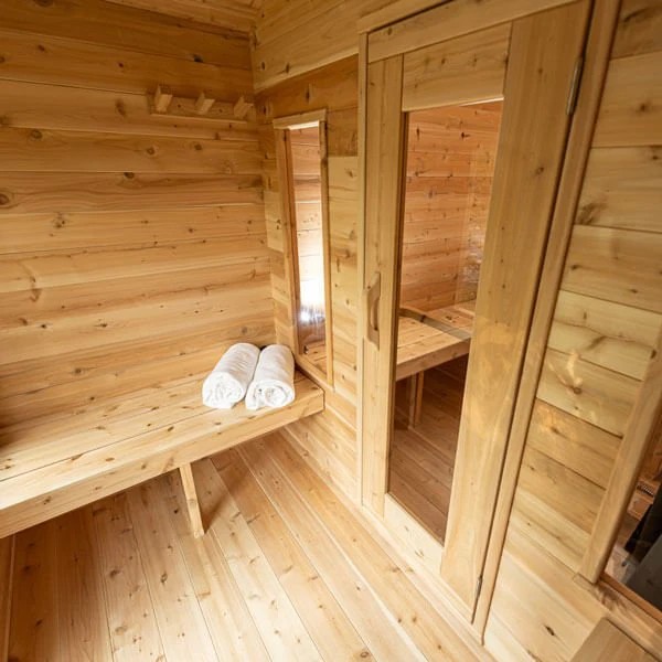 Outdoor Solid Wood Sauna Room Traditional Steam Sauna Cabin with Bench Interior detail