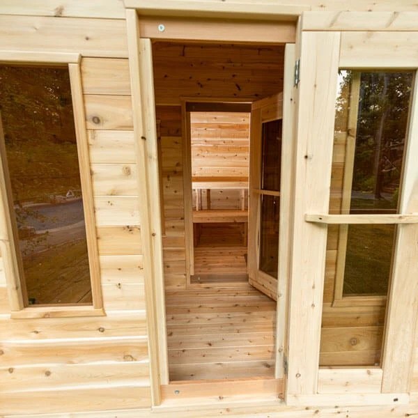 Outdoor Solid Wood Sauna Room Traditional Steam Sauna Cabin with Bench Side profile