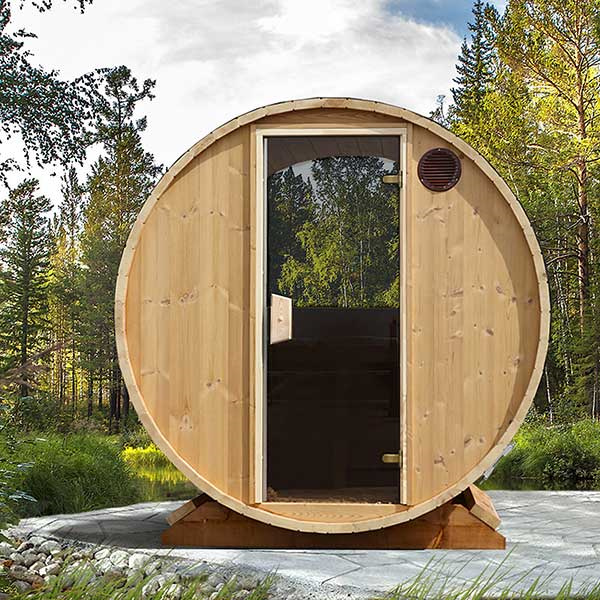 Cedar Outdoor Barrel Sauna Room CSA-526 Exterior angle