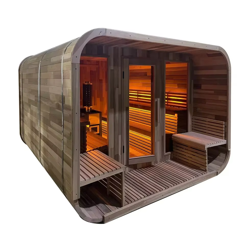 Mobile Outdoor Wood Sauna Container with Wood-Burning Heater Exterior angle