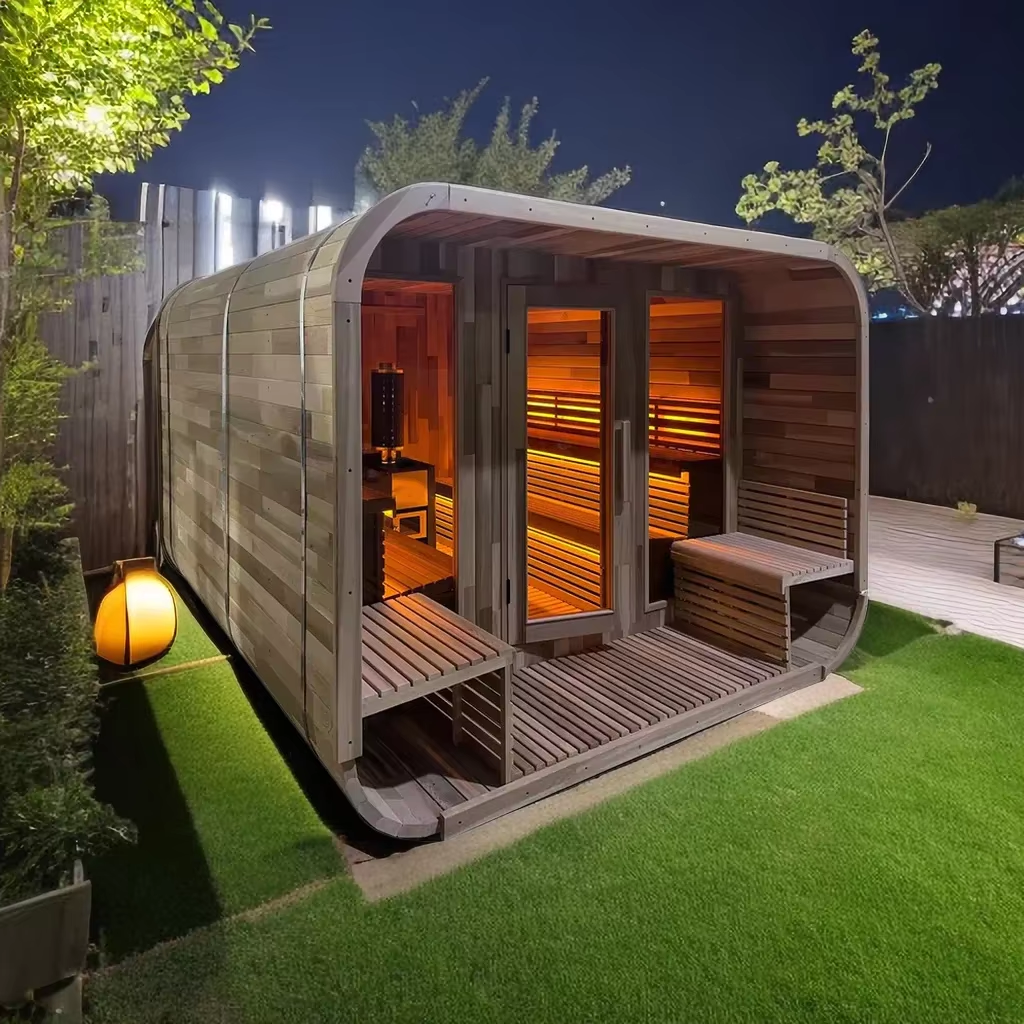 Mobile Outdoor Wood Sauna Container with Wood-Burning Heater Door and glass