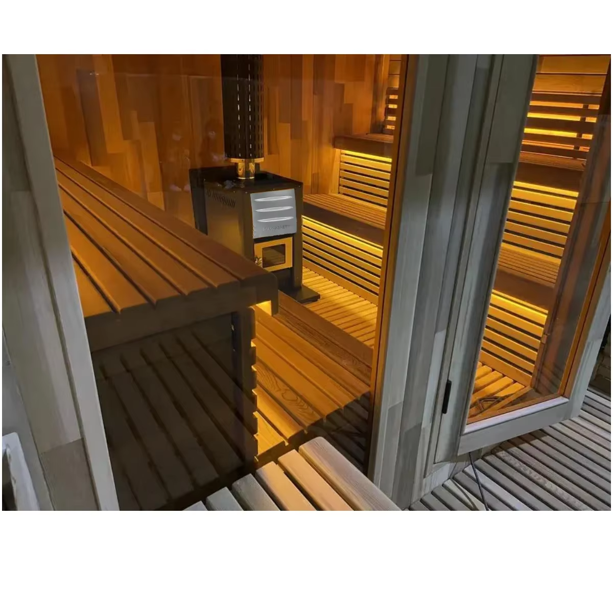 Mobile Outdoor Wood Sauna Container with Wood-Burning Heater Side profile