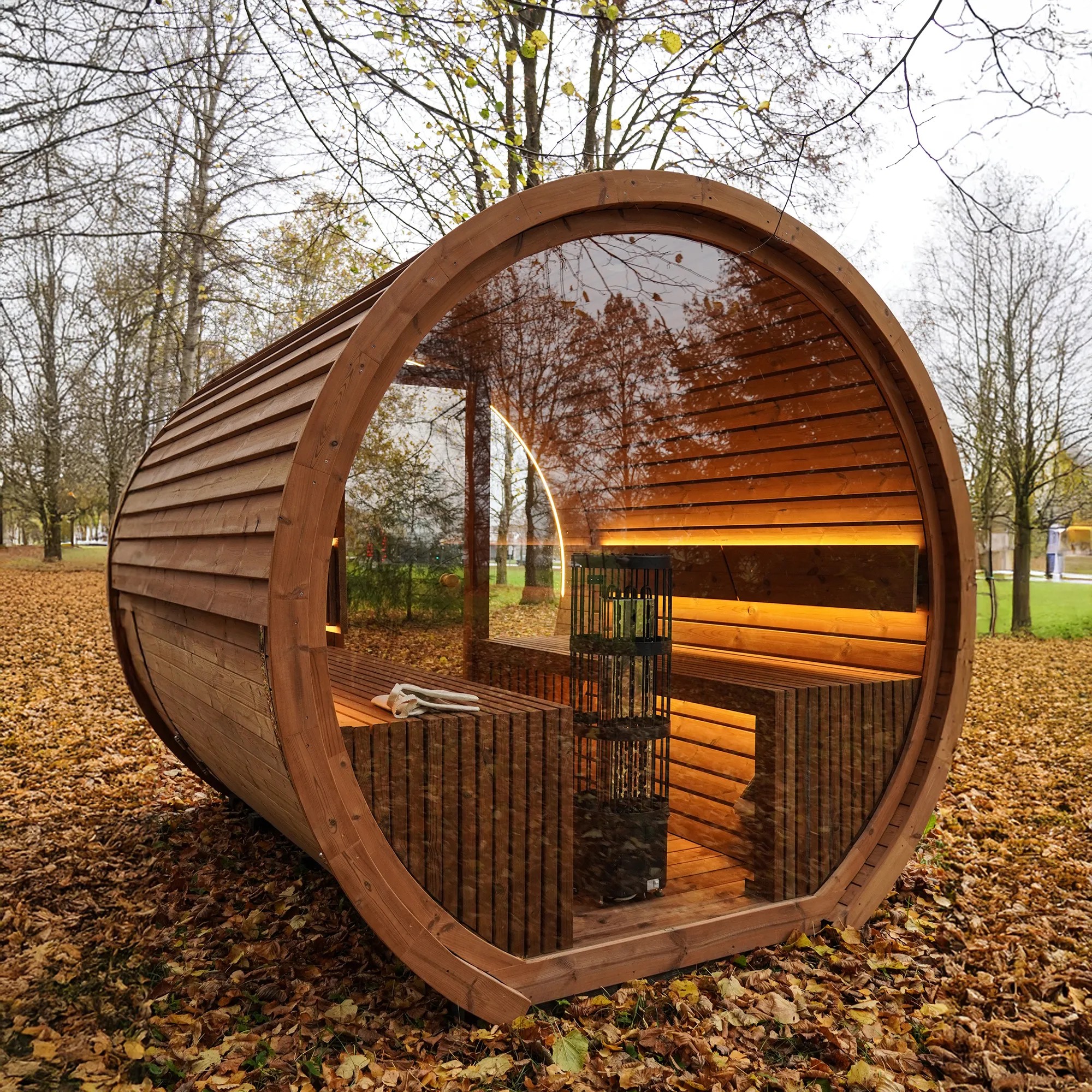 Round Outdoor Wood Barrel Sauna for Garden Projects Exterior angle