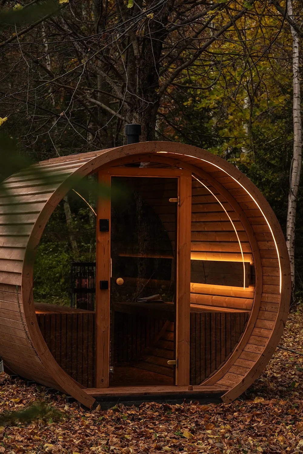 Round Outdoor Wood Barrel Sauna for Garden Projects Interior detail