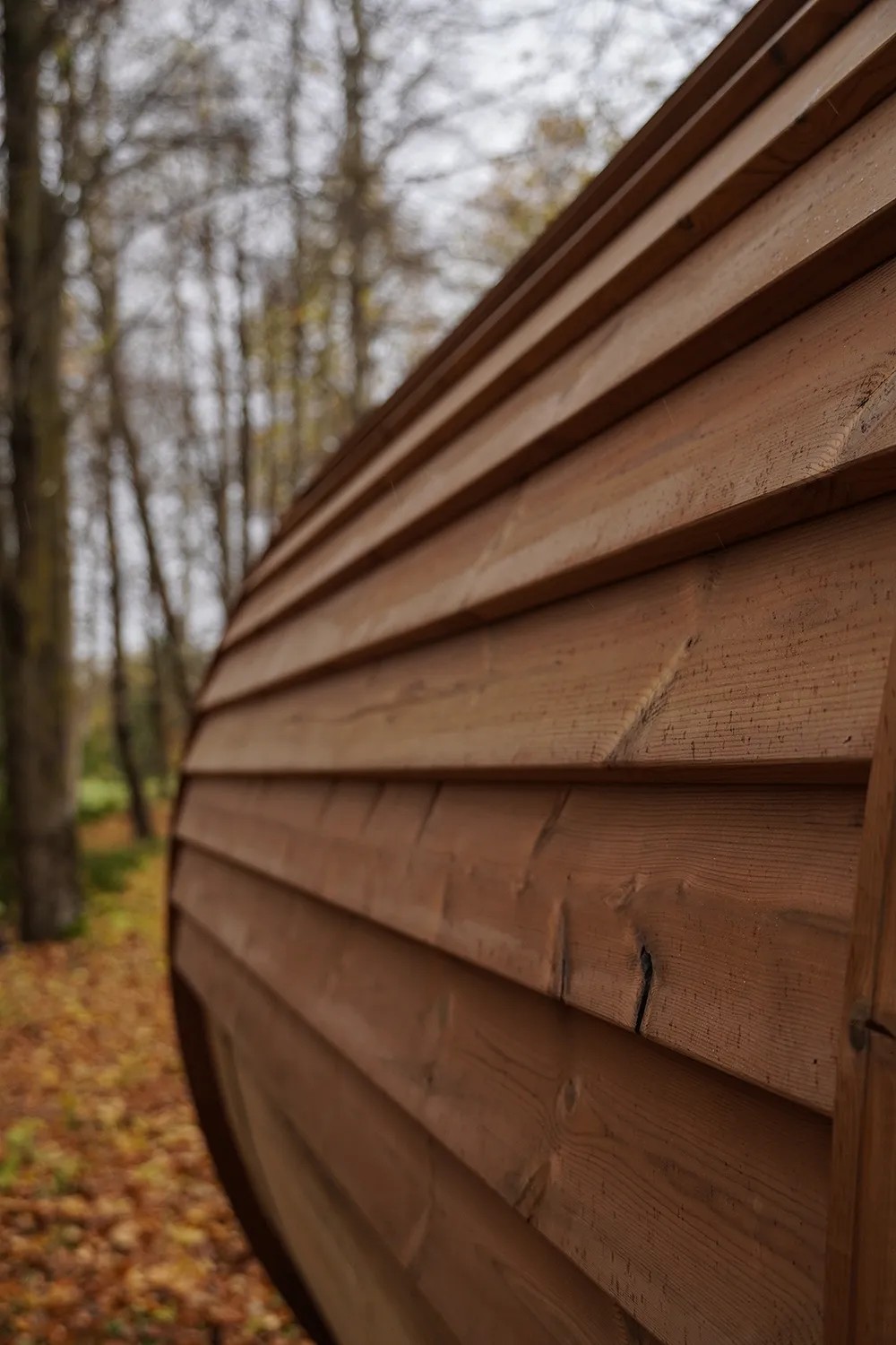 Round Outdoor Wood Barrel Sauna for Garden Projects Side profile