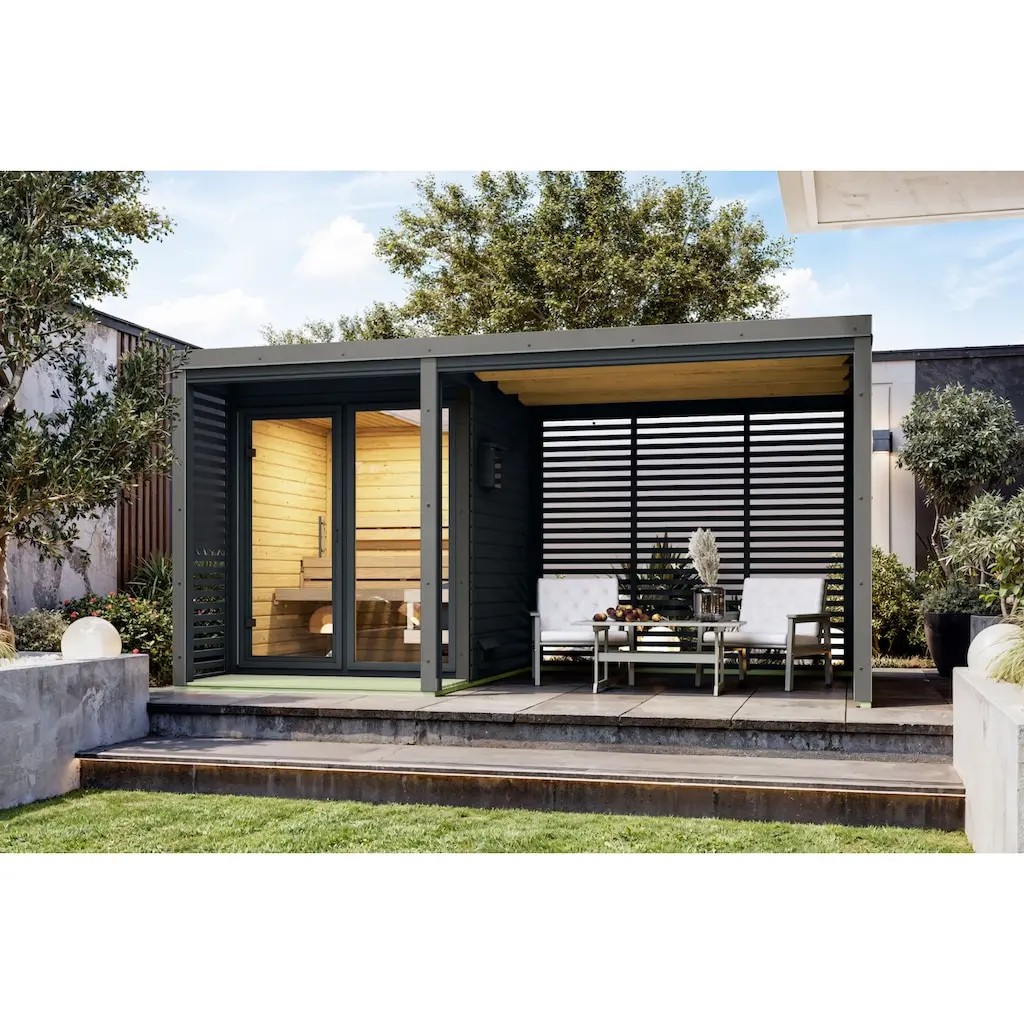 Outdoor Wooden Sauna Cabin with LED Lighting Garden Steam Sauna Room Exterior angle