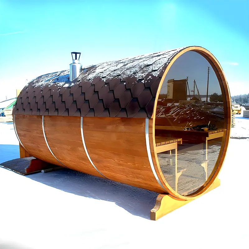 Red Cedar Outdoor Barrel Sauna House CSA-546 Exterior angle