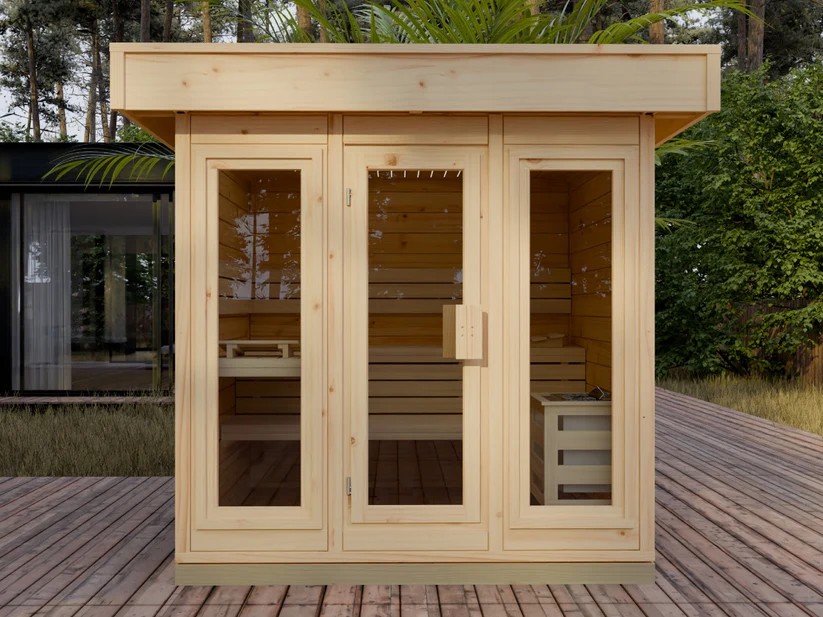 Light-Wood Outdoor Sauna Cabin with Three-Panel Glass Front CSA-572 product view 5