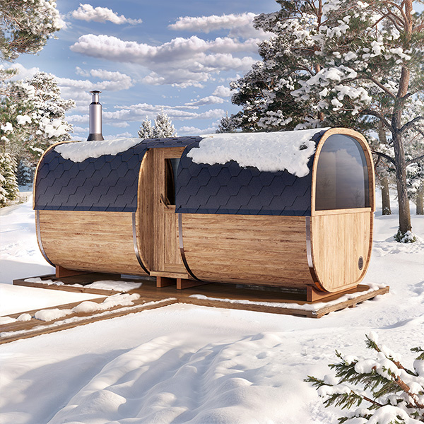 Premium Red Cedar Barrel Sauna with Full Multi-Panel Glass Room CSA-492 Exterior angle