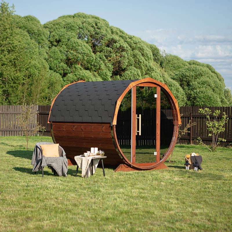 Red Cedar Outdoor Barrel Sauna CSA-153 Exterior angle