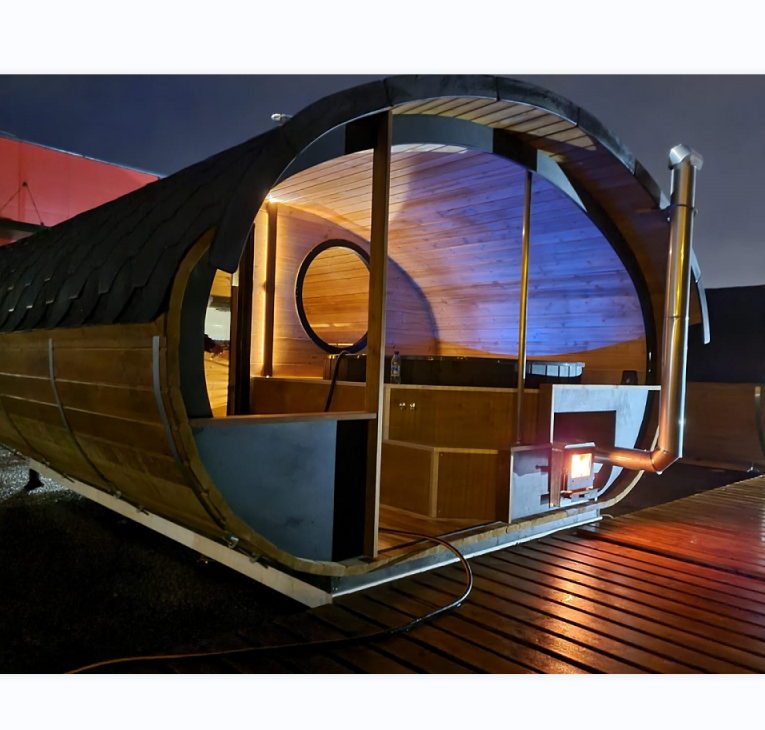 Red Cedar Barrel Sauna with External Wood Stove and Round Window CSA-112 Main view