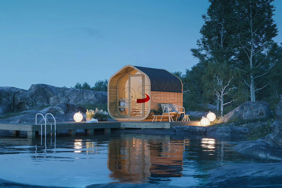 Scandinavian Barrel Sauna with Clear Glass Door %7C Serene Outdoor Retreat Interior detail
