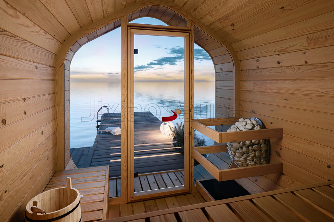 Scandinavian Barrel Sauna with Clear Glass Door %7C Serene Outdoor Retreat Door and glass