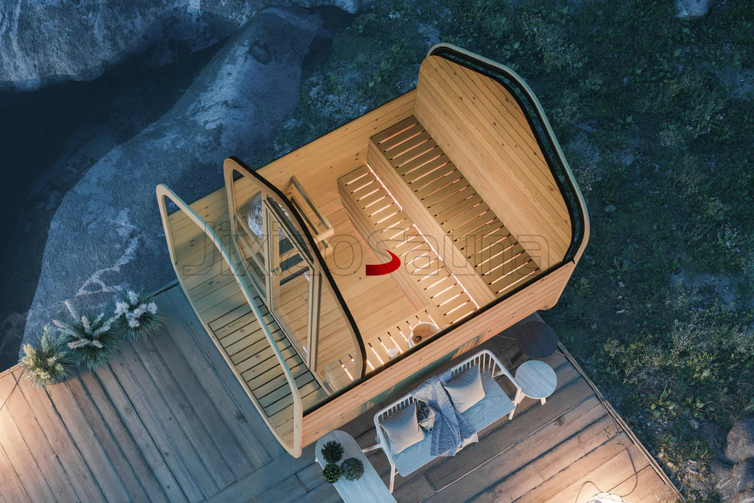 Scandinavian Barrel Sauna with Clear Glass Door %7C Serene Outdoor Retreat Side profile