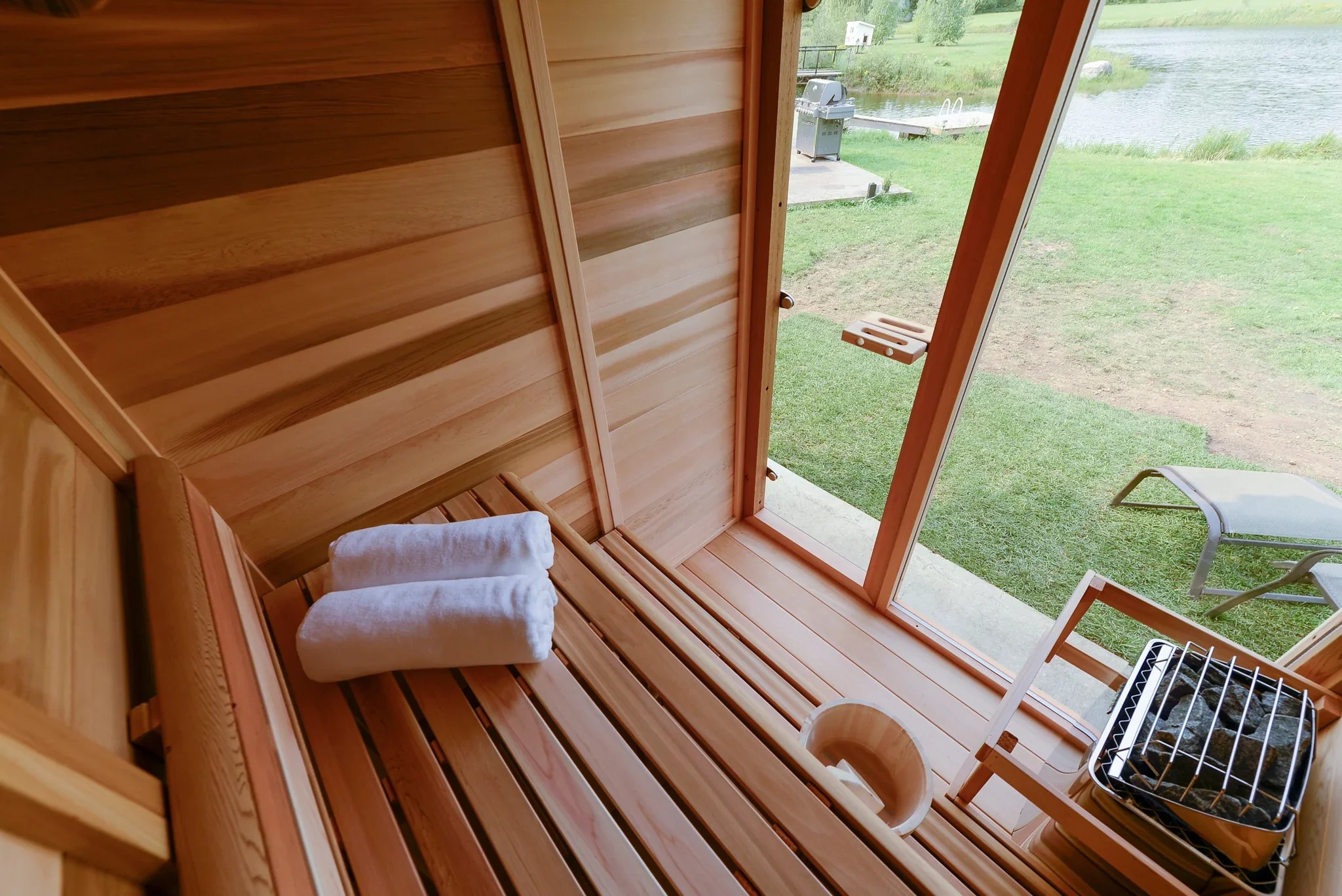 Corner-Glass Outdoor Sauna Cabin with Electric Stone Heater CSA-395 product view 6