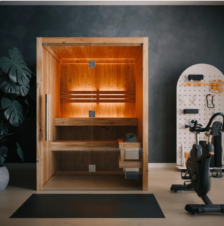 Solid Wood Compact Indoor Dry Sauna with Full Tempered Glass Door &amp; Electric Heater for 2 Users Home Gym Apartment Use Exterior angle