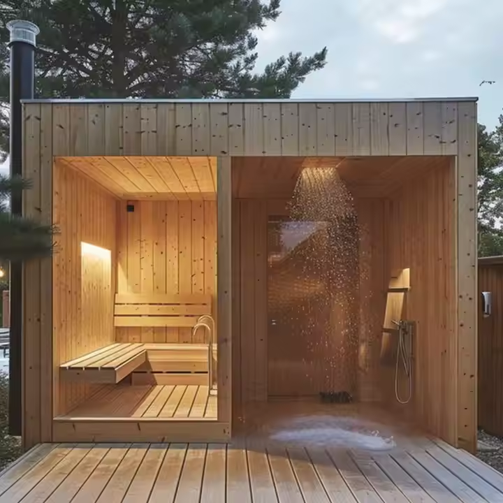 Solid Wood Modern Outdoor Cube Sauna with Large Panoramic Window &amp; Internal Wood Stove for 4 Users Backyard Dry Sauna Interior detail