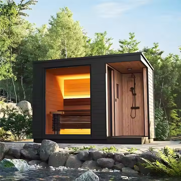 Solid Wood Modern Outdoor Cube Sauna with Large Panoramic Window &amp; Internal Wood Stove for 4 Users Backyard Dry Sauna Buyer reference