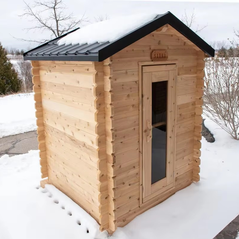 Solid Wood Outdoor Infrared Sauna Finland Pine Material 1-Year Warranty Bulk Discount Exterior angle