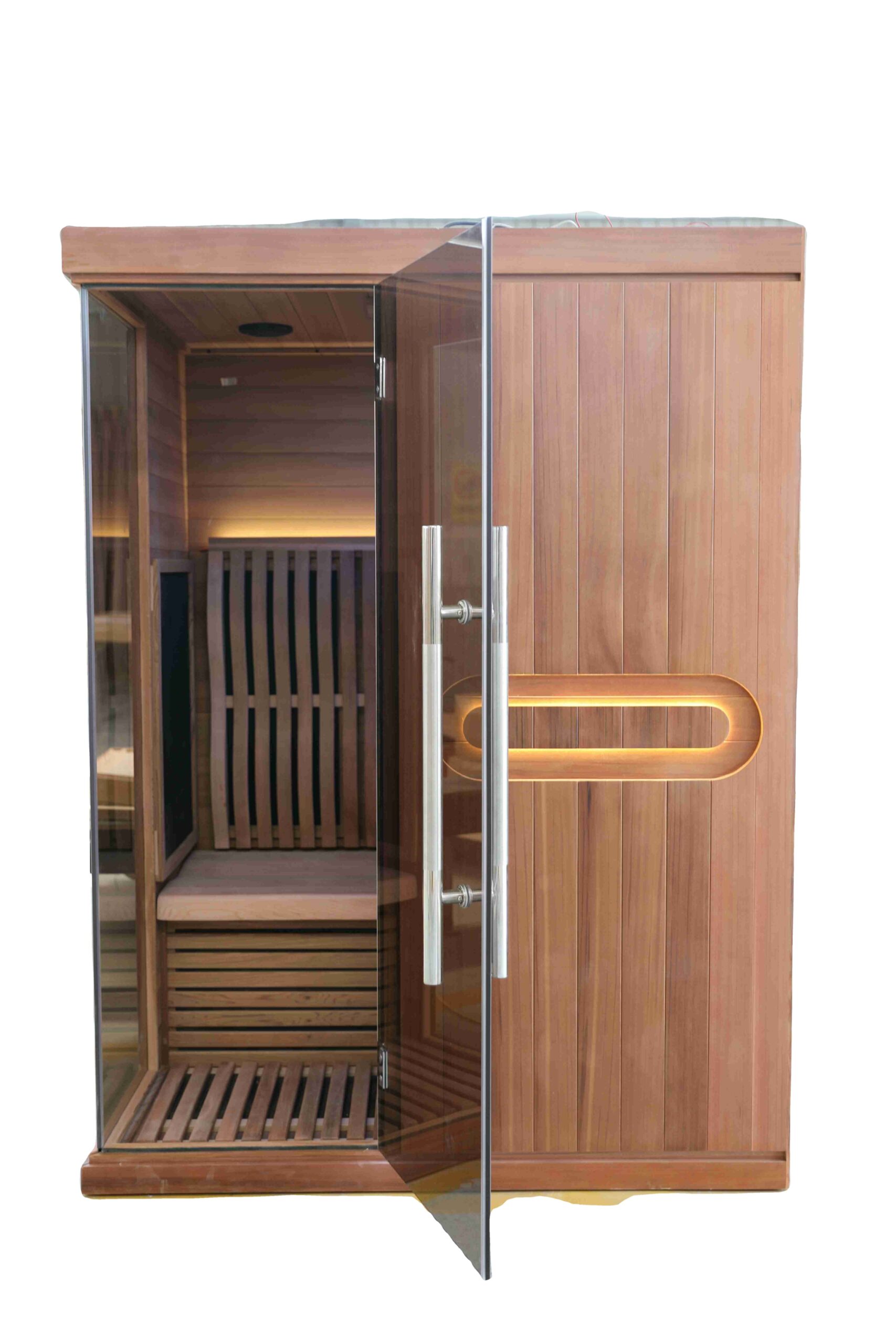 Solid Wood Single Person Indoor Infrared Sauna with Low EMF Carbon Heater &amp; Glass Swing Door Door and glass