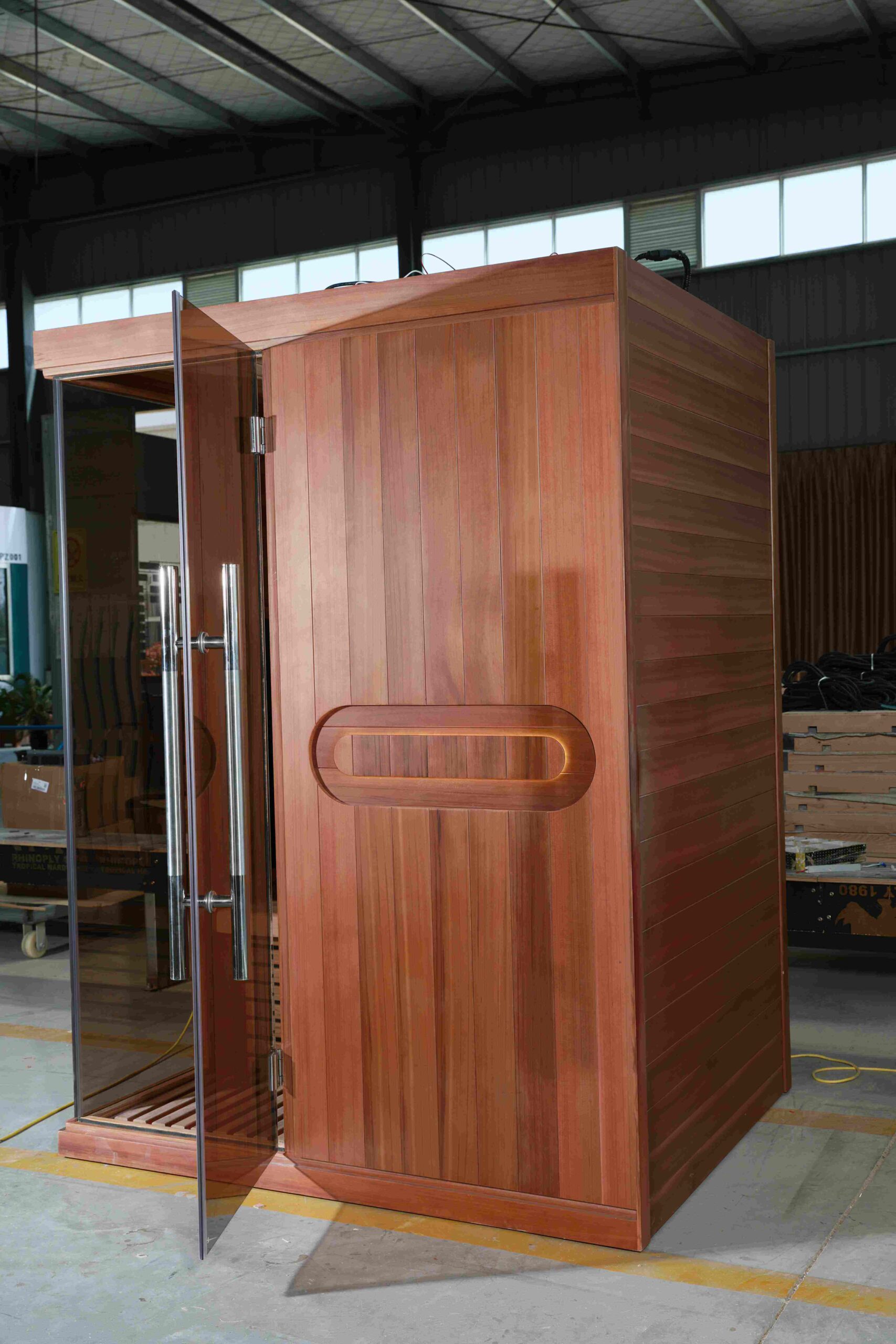 Solid Wood Single Person Indoor Infrared Sauna with Low EMF Carbon Heater &amp; Glass Swing Door Side profile