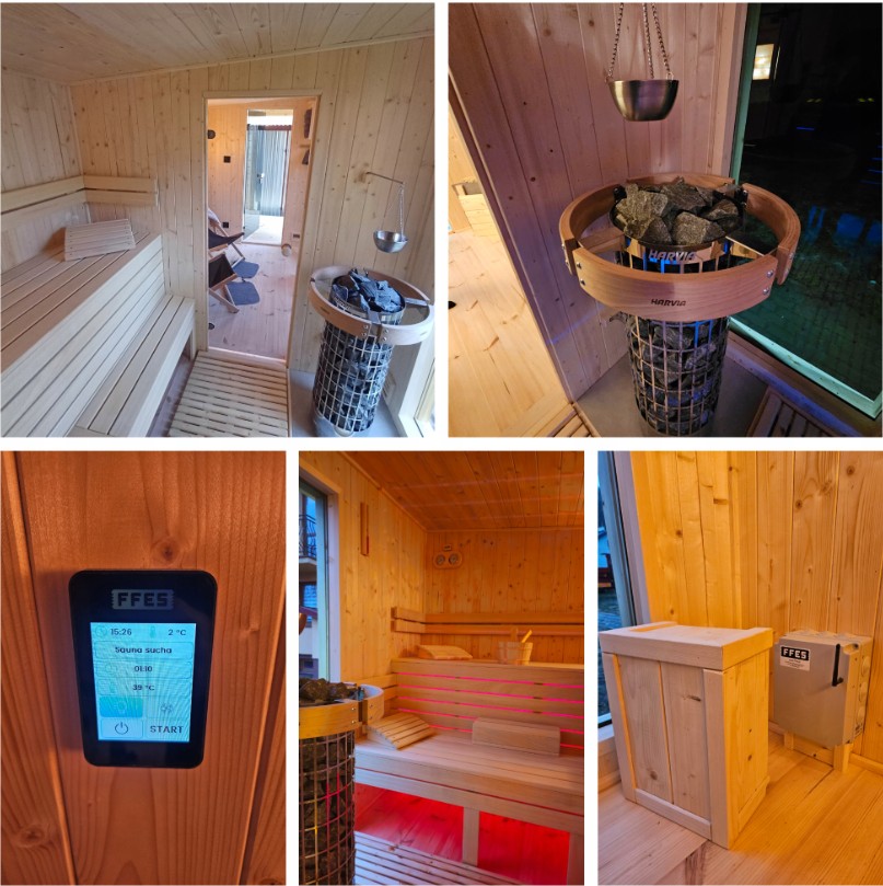 Spacious Outdoor Sauna Cabin with Covered Porch %7C Large Glass Window Wooden Spa Door and glass