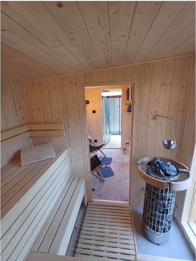 Spacious Outdoor Sauna Cabin with Covered Porch %7C Large Glass Window Wooden Spa Side profile